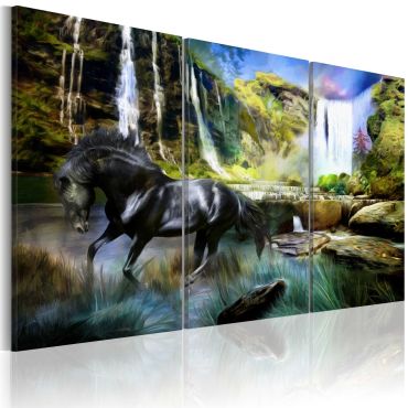 Canvas Print - Horse on the sky-blue waterfall background
