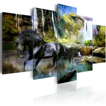 Canvas Print - Black horse on the background of paradise waterfall