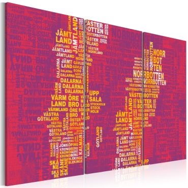 Canvas Print - Text map of Sweden (pink background) - triptych