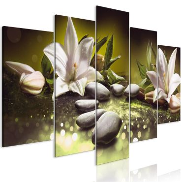 Canvas Print - Lilies and Stones (5 Parts) Wide Green