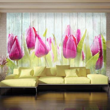 Wallpaper - Tulips on white wood
