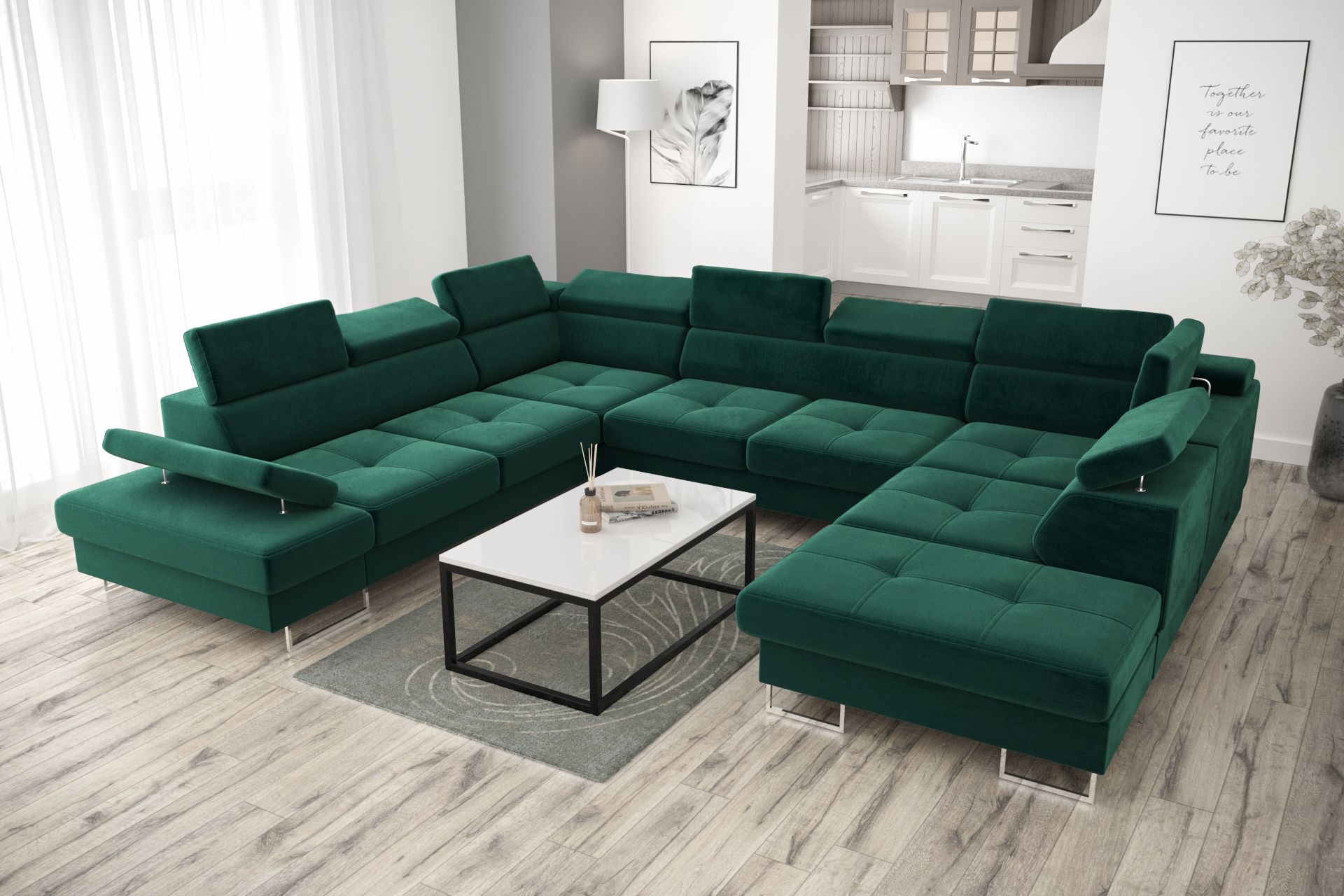 Caleb Corner Sofa - Dark Green Velvet U Shape, MidinMod